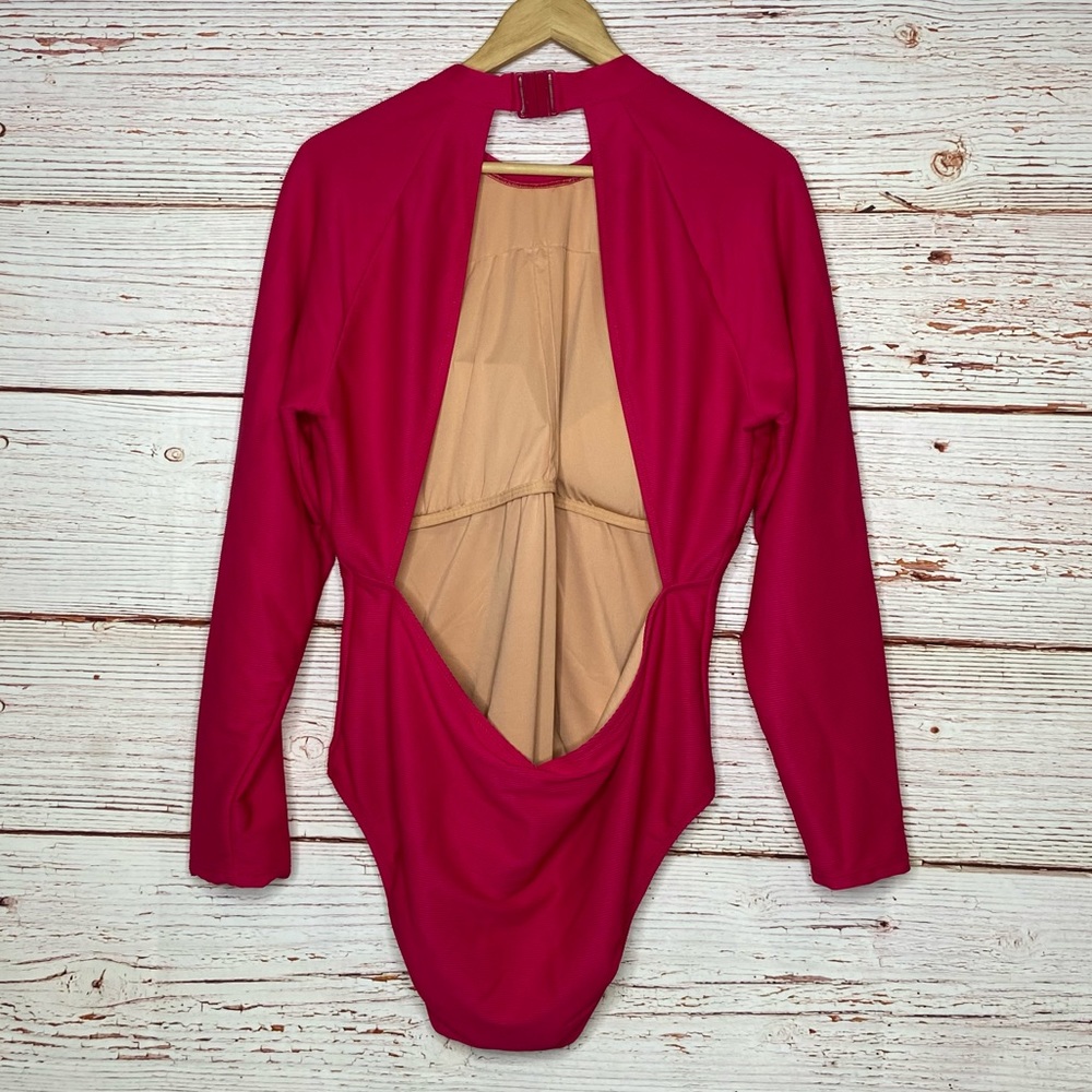 New J Crew Active Ribbed Long Sleeve One Piece Swim Suit in Wild Hibiscus Sz 20 - Picture 9 of 16